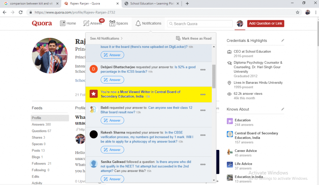 Started Journey of Writing on https://www.quora.com/profile/Rajeev-Ranjan-2732 from 8th March 2019--Most Viewed Writers in Central Board of Secondary Education, India-The 10 writers with the most answer views in the last 30 days.