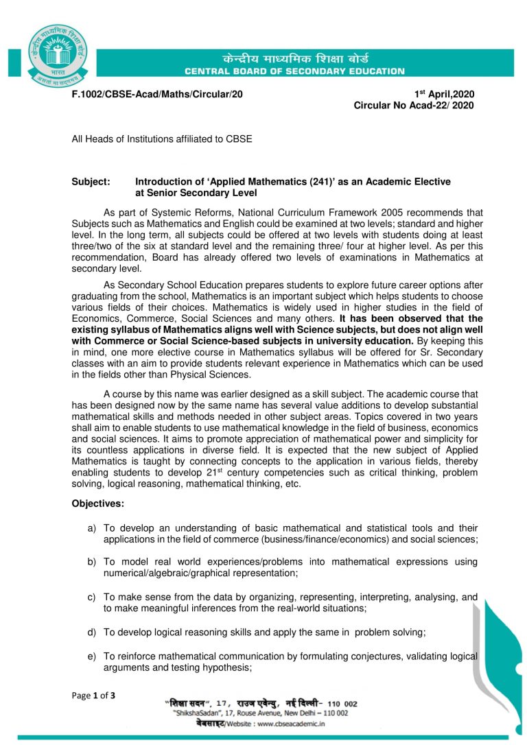 Applied Mathematics 241 CBSE Rules And Guidelines For School Students 