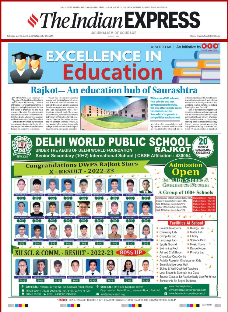 Delhi World Public School Rajkot featured on the National News Paper, The Indian Express -30-05-2023.