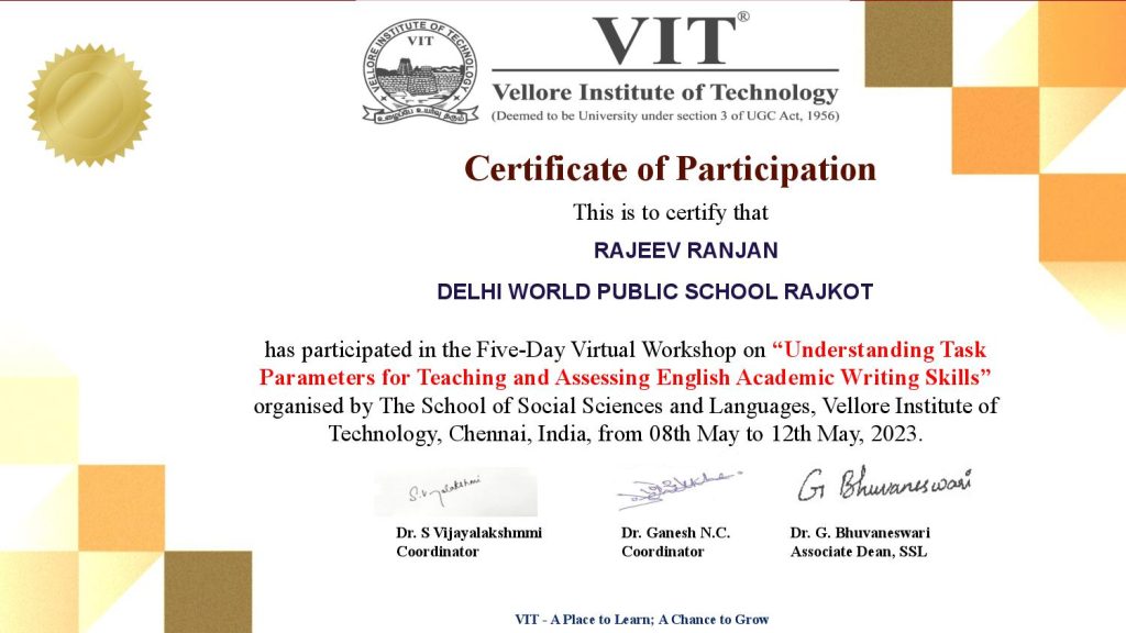 Rajeev Ranjan-VIT Vellor Certificate -5 day workshop-ELT